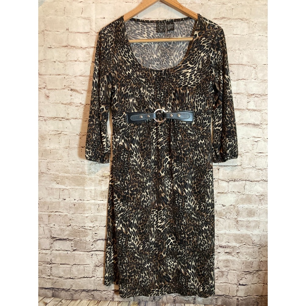 Suzie in The City Midi Dress Womens Medium Brown Cheetah Leopard Stretch Buckle